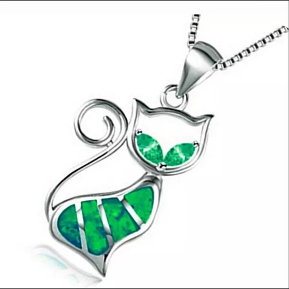 Jewelry - Women’s Fashion 925 Silver Green Cat Necklace